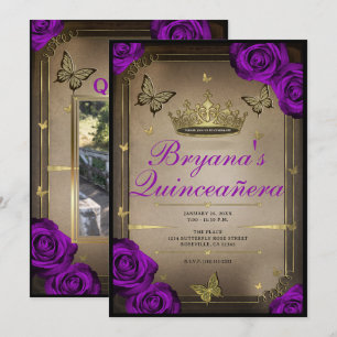 Invitation Papillons Tiara Bright Violet Roses Quinceañera
