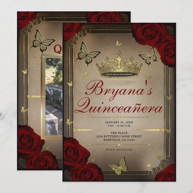 Invitation Papillons Tiara d'or Maroon Roses Quinceañera (Devant / Derrière)
