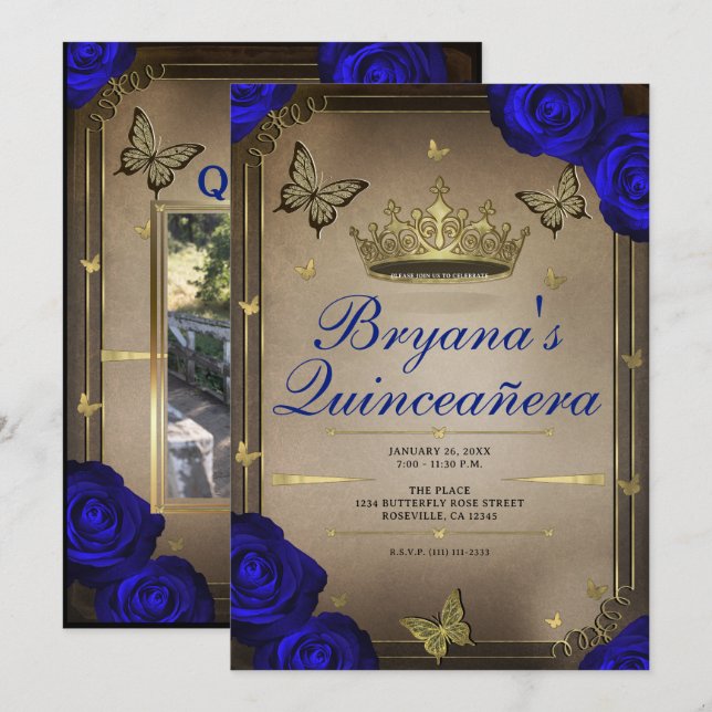 Invitation Papillons Tiara d'or Roses bleus Quinceañera (Devant / Derrière)