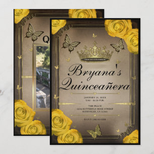 Invitation Papillons Tiara d'Or Roses Jaunes Quinceañera