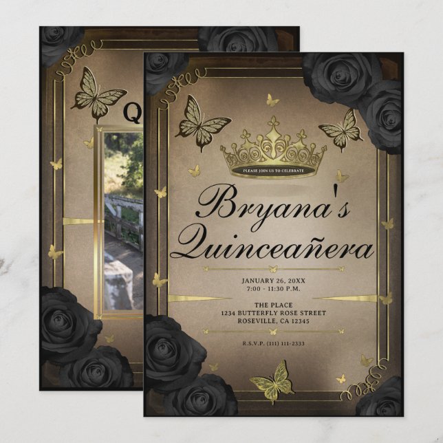 Invitation Papillons Tiara d'or Roses noirs Quinceañera (Devant / Derrière)