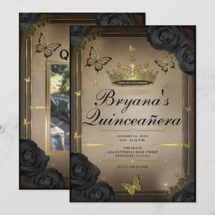 Invitation Papillons Tiara d'or Roses noirs Quinceañera