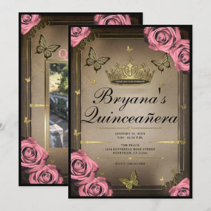 Invitation Papillons Tiara d'or Roses roses roses quinceañera