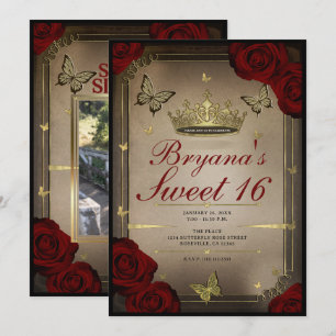 Invitation Papillons Tiara Doré Roses Marron Photo Sweet 16