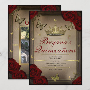 Invitation Papillons Tiara Doré Roses Marron Quinceañera
