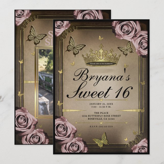 Invitation Papillons Tiara Roses rose pâle Douce 16 Photo (Devant / Derrière)