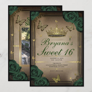Invitation Papillons Tiara Roses Vert Émeraude Sweet 16 