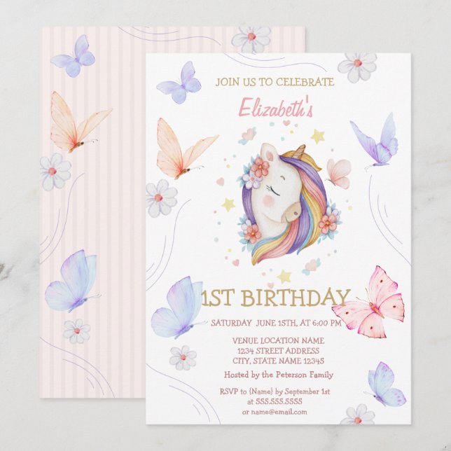Invitation Papillons Unicorne floral rayé Anniversaire (Devant / Derrière)