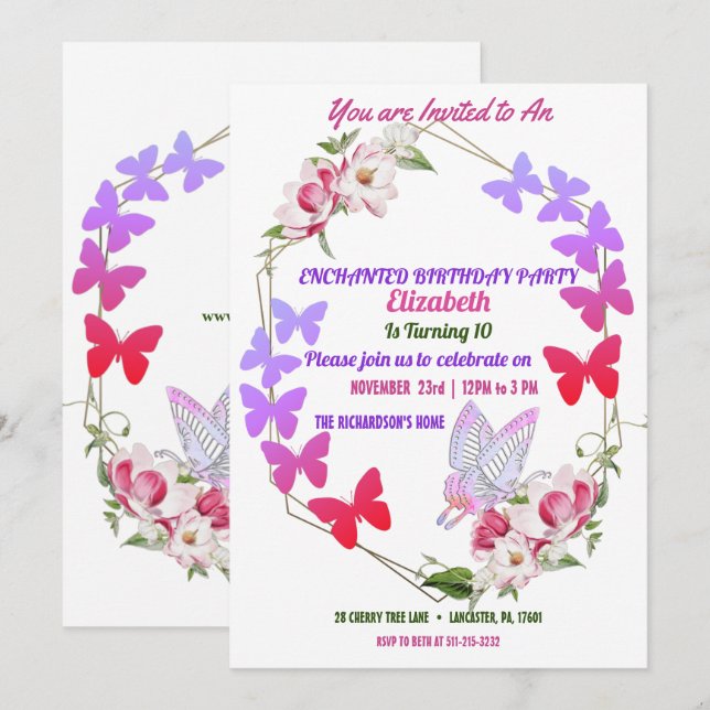 Invitation Papillons violets à la flora rose Fête d'anniversa (Devant / Derrière)
