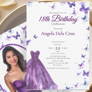 Invitation Papillons Violets Et Robe Début De 18 Ans Annivers