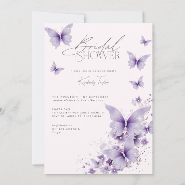 Invitation Papillons violets Fête des mariées rose (Devant)