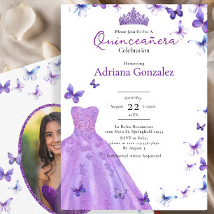 Invitation Papillons Violets Robe Photo 15 XV Quinceanera