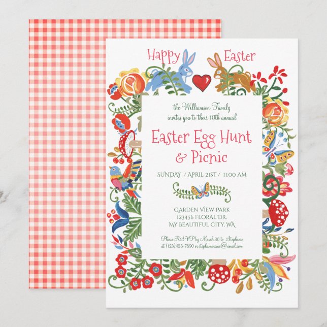 Invitation Pâques Folk Art lapin lapin rose En vichy chasse a (Devant / Derrière)
