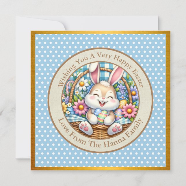 Invitation Pâques joyeuses avec du lapin mignon, des oeufs et (Devant)