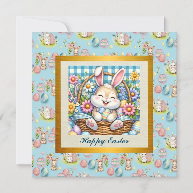 Invitation Pâques joyeuses avec du lapin mignon, des oeufs et (Devant)
