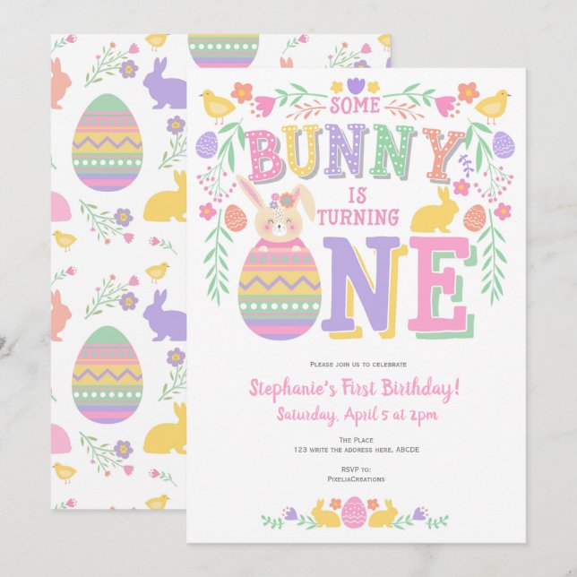 Invitation Pâques, Lapin, Printemps, 1er Anniversaire (Devant / Derrière)