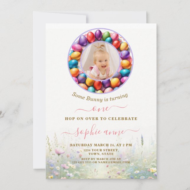 Invitation Pâques Petite fille lapin Photo 1er anniversaire (Devant)