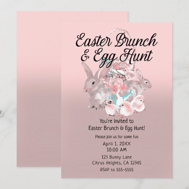 Invitation Pâques rose Brunch & Chasse aux Oeufs (Devant / Derrière)