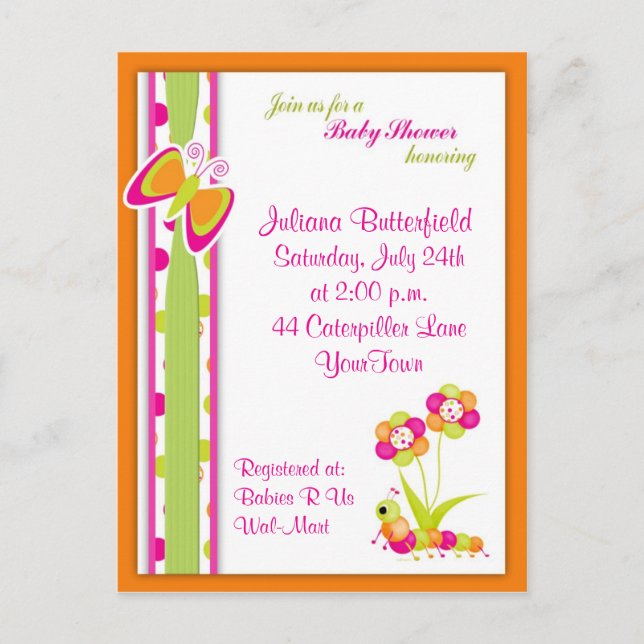 Invitation par carte postale Papillon et Baby show (Devant)