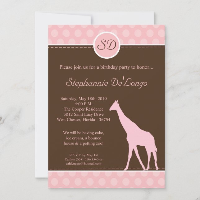 Invitation par jour d'anniversaire de la Girafe Po (Devant)