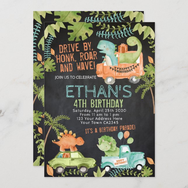 Invitation Parade d'anniversaire de Dinosaur (Devant / Derrière)