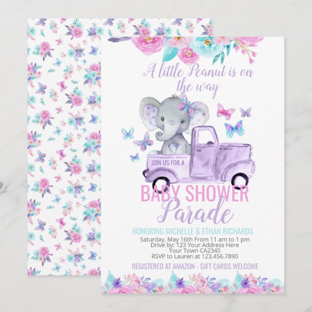 Invitation Parade des Baby showers éléphants (Devant / Derrière)