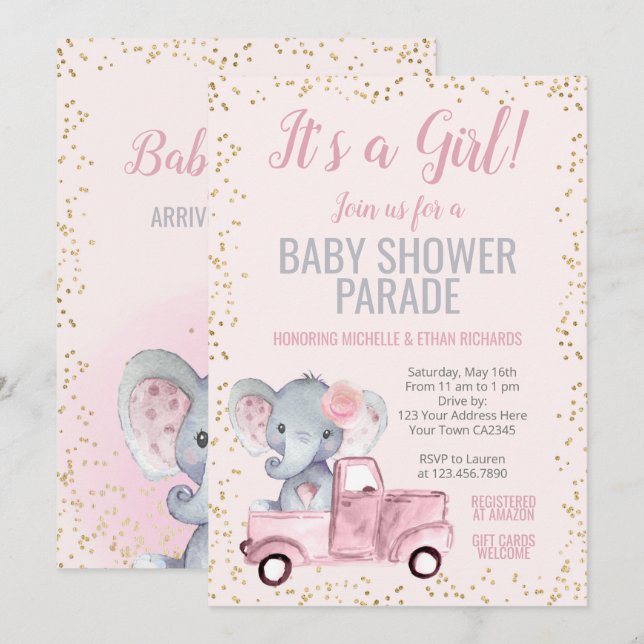 Invitation Parade des Baby showers éléphants (Devant / Derrière)