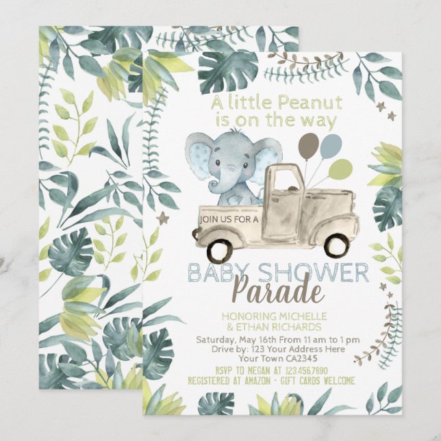 Invitation Parade des Baby showers éléphants (Devant / Derrière)