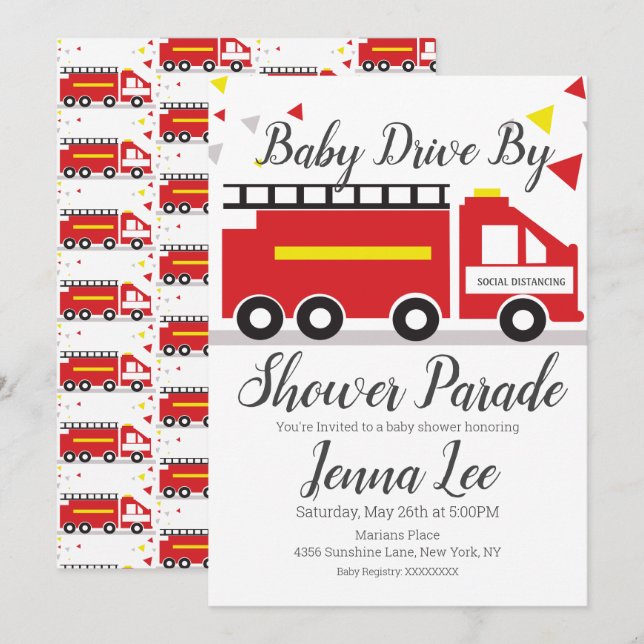 Invitation Parade du Baby shower de camion-feu (Devant / Derrière)
