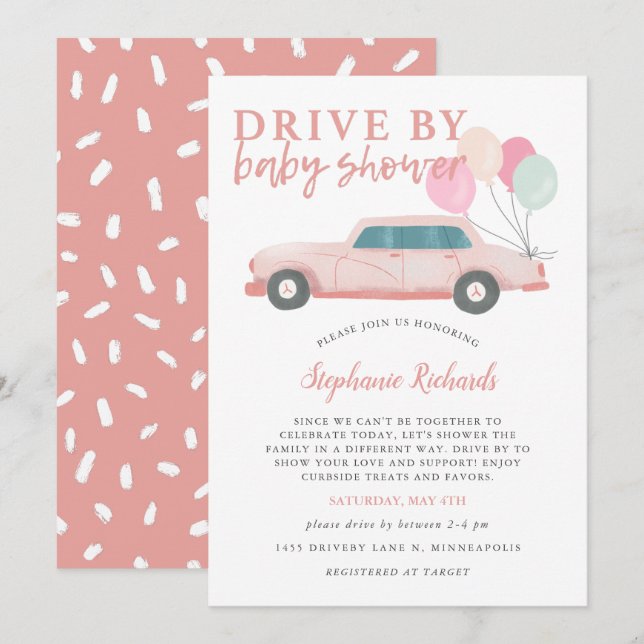 Invitation Parade En Voiture Rose Baby shower (Devant / Derrière)