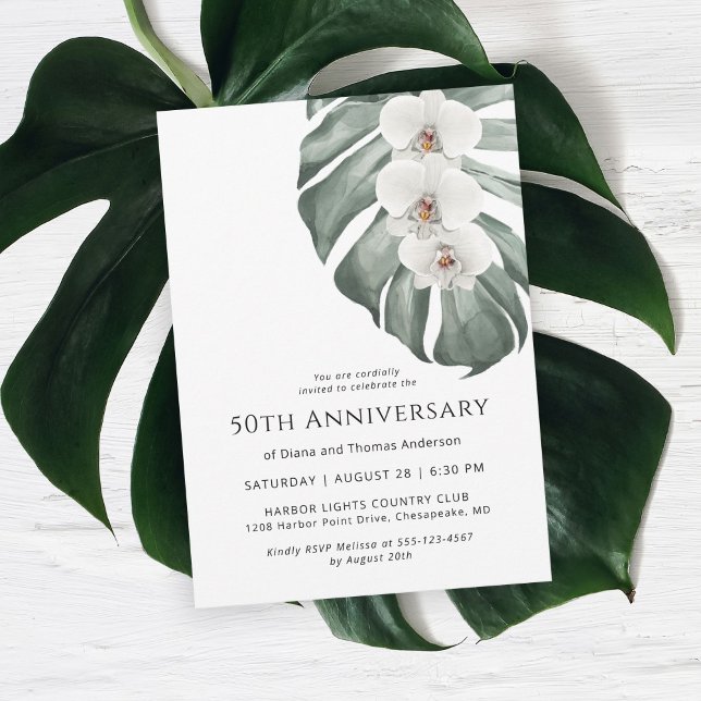 Invitation Paradis tropical des Orchidées Blanches 50e annive (Celebrate a 50th wedding anniversary in island style with this white orchid invitation.)