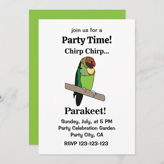 Invitation Parakeet Bird Funny Party (Devant / Derrière)