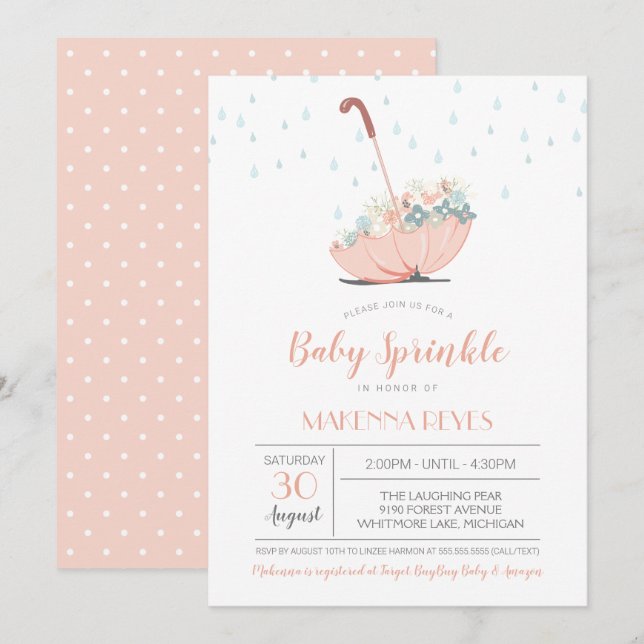 Invitation Parapluie avec Fleurs Fille ou Twins Baby Sprinkel (Devant / Derrière)