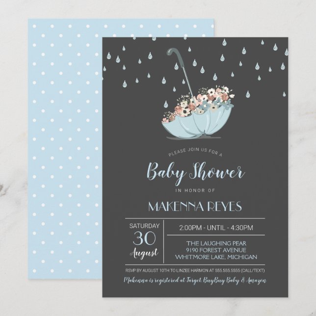 Invitation Parapluie avec Flowers Boy ou Baby shower neutre (Devant / Derrière)