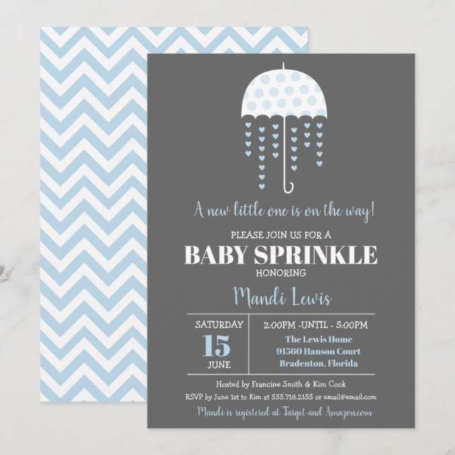 Invitation Parapluie bleu Bébé Parfum mignon ou Baby shower (Devant / Derrière)