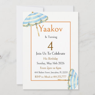 Invitation Parapluie de plage bleu or pour 4ème anniversaire 