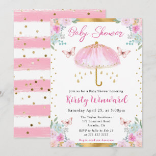 Invitation Parapluie de printemps en or rose aquarelle Baby S