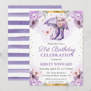 Invitation Parapluie de printemps violet et or 21e anniversai