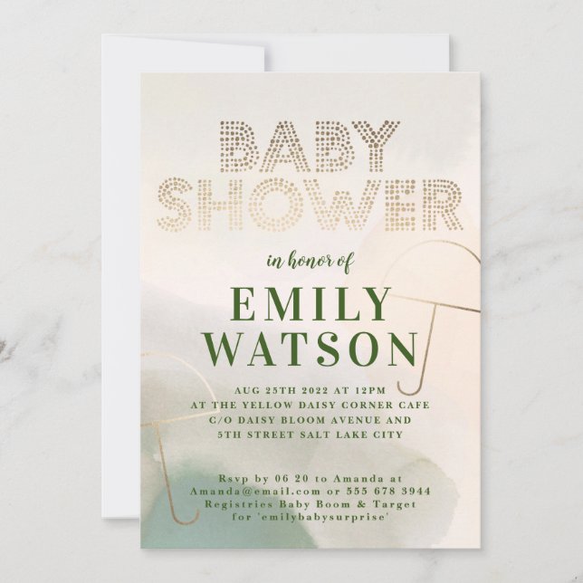 Invitation Parapluie d'huile d'or Baby shower vert de mousse  (Devant)