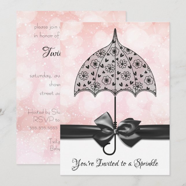 Invitation Parapluie en dentelle noire Baby shower rose (Devant / Derrière)