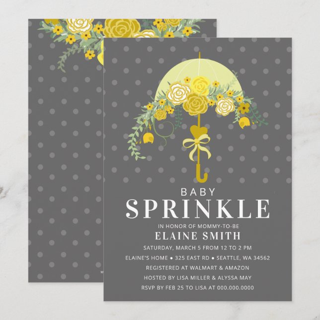 Invitation Parapluie floral gris jaune Baby shower neutre (Devant / Derrière)