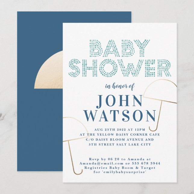 Invitation Parapluie Gold Foil Baby shower bleu et blanc (Devant / Derrière)