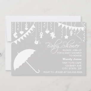 Invitation Parapluie gris et blanc baby shower moderne élégan