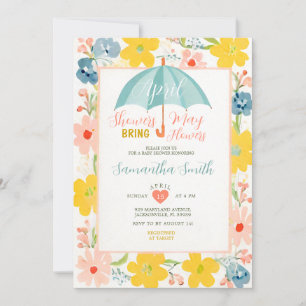 Invitation Parapluie Menthe Avril Pluie Baby Shower Floral