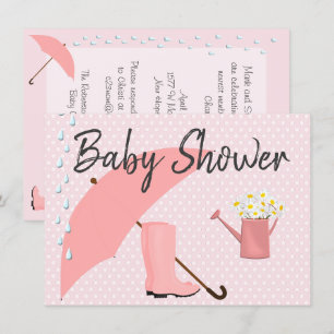 Invitation Parapluie rose baby shower et bottes de pluie