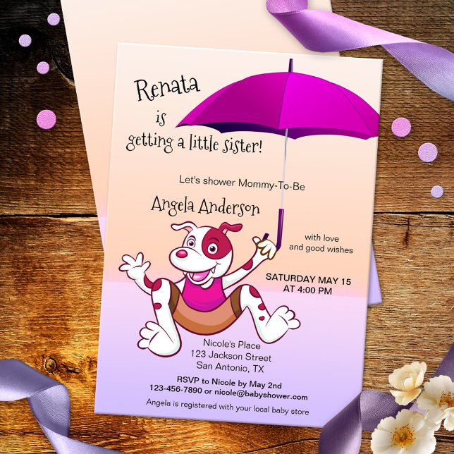 Invitation Parapluie rose chaud Funny Chien Baby shower Invit (funny baby shower invitation featuring a happily jumping dog with fuchsia hot pink umbrella )