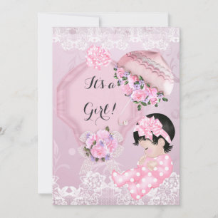 Invitation Parapluie Rose Fille Baby Shower Vintage Roses