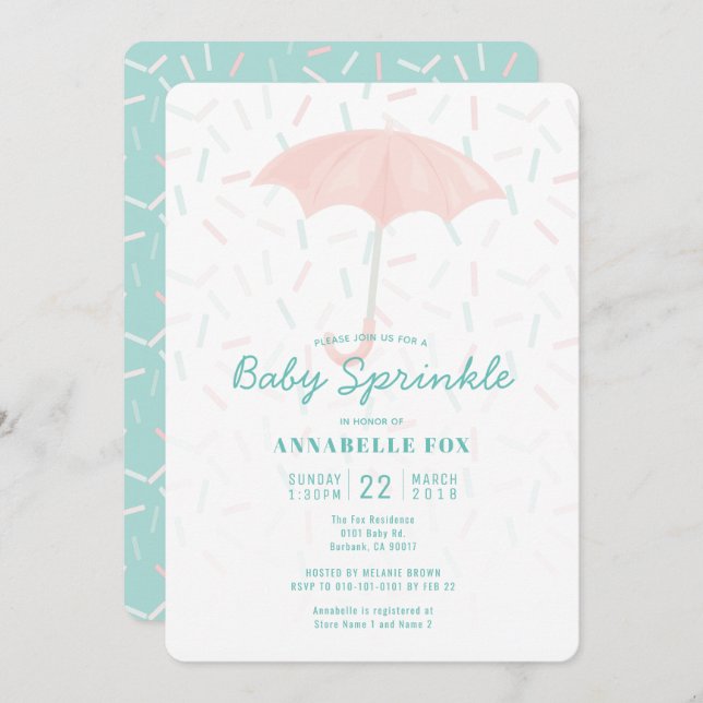 Invitation Parapluie rose Mint Baby Sprinkle Douche Invitatio (Devant / Derrière)