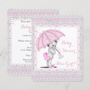 Invitation Parapluie Rose Poudré pour Baby Shower Vintage Fil
