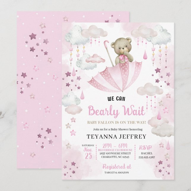 Invitation Parapluie rose Teddy Bear Bébé Baby shower d'arros (Devant / Derrière)